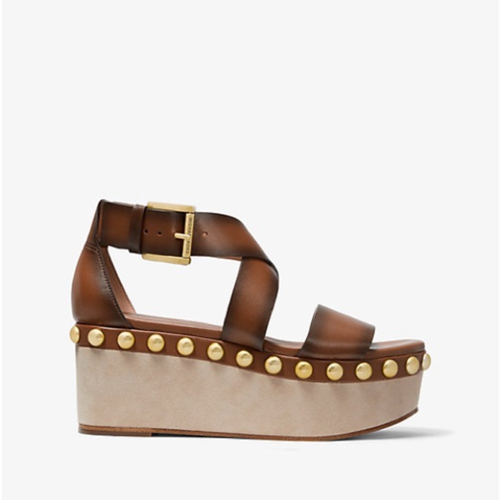 MICHAEL Michael Kors Brown Leather Studded Platform Wedge Sandals